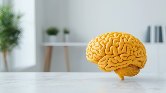 A vibrant yellow brain model sits on a table in a modern, minimalistic room with greenery and light decor in the background.