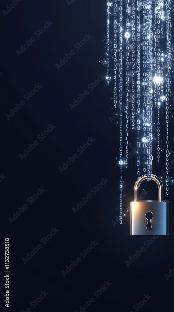 Poster a professional visual representation of cyber security featuring a digital padlock and flowing binar