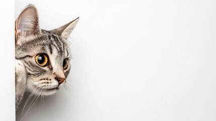 Fototapeta premium Silver tabby cat peeking from wall indoor setting close-up view