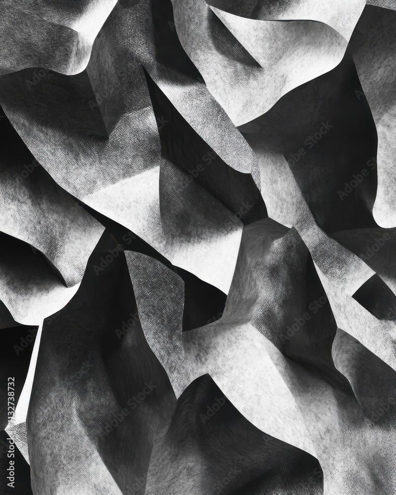 Poster abstract monochrome texture with dynamic folds and shadows, creating a sense of depth and movement.