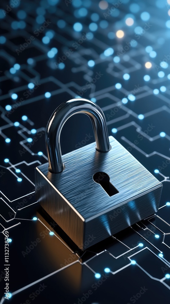 Poster a professional visual representation of cyber security featuring a digital padlock and flowing binar