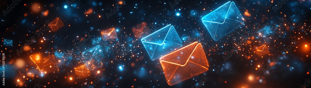 Aufkleber Abstract dark space with blue and orange envelopes floating, representing communication, technology, and modern design in a surreal and vibrant scene