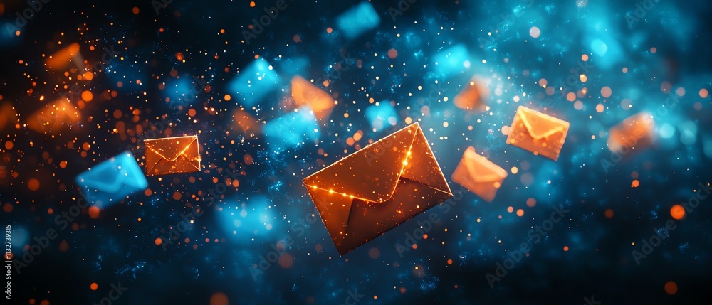 Aufkleber abstract background of blue and orange envelopes floating in a dark space, symbolizing communication