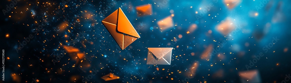 Aufkleber Abstract dark space with blue and orange envelopes floating, representing communication, technology, and modern design in a surreal and vibrant scene