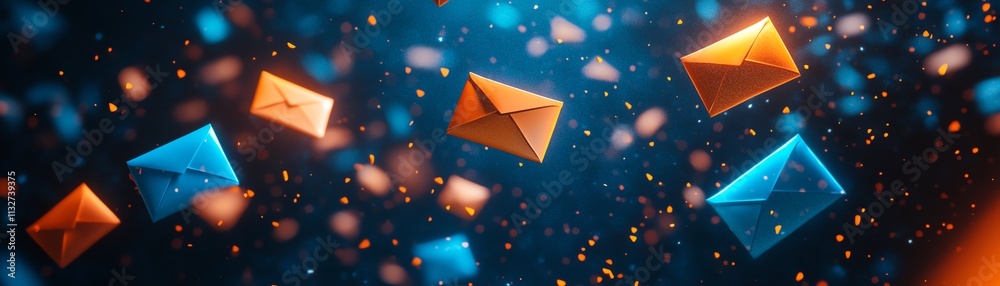 Poster abstract dark space with blue and orange envelopes floating, representing communication, technology,