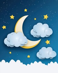 A whimsical illustration of a crescent moon, fluffy clouds, and bright stars against a deep blue night sky.
