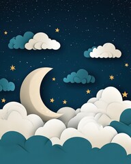 A serene night sky with a crescent moon and fluffy clouds adorned with stars.