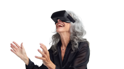 American caucasian senior businesswoman watching vr glasses laughing and gesturing with hand on white background
