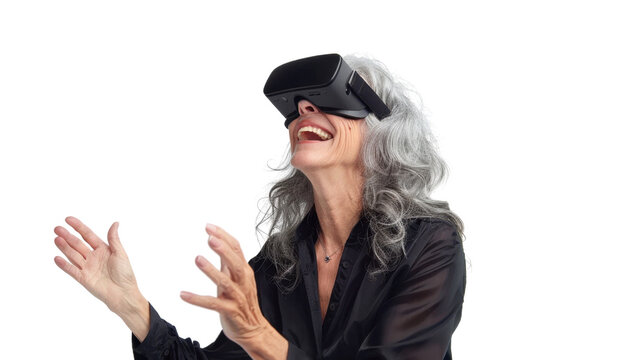 American caucasian senior businesswoman watching vr glasses laughing and gesturing with hand on white background
