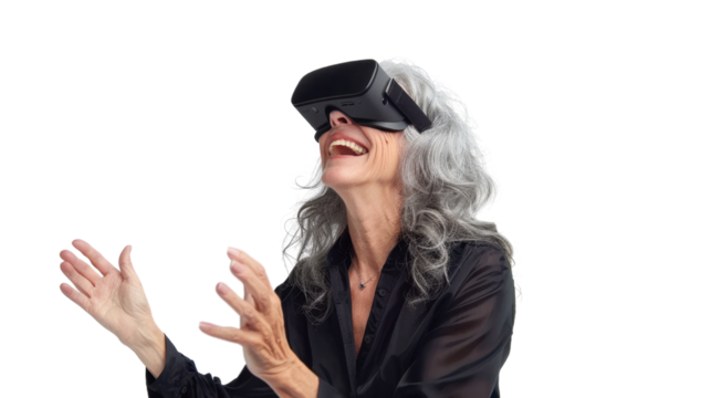 American caucasian senior businesswoman watching vr glasses laughing and gesturing with hand on white background
