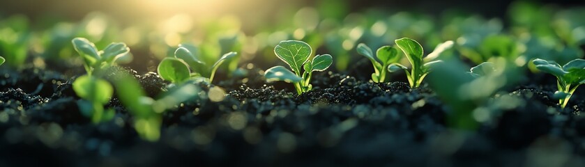 Closeup of vibrant green seedlings breaking through dark soil, bathed in soft sunlight, symbolizing the promise of growth and new beginnings