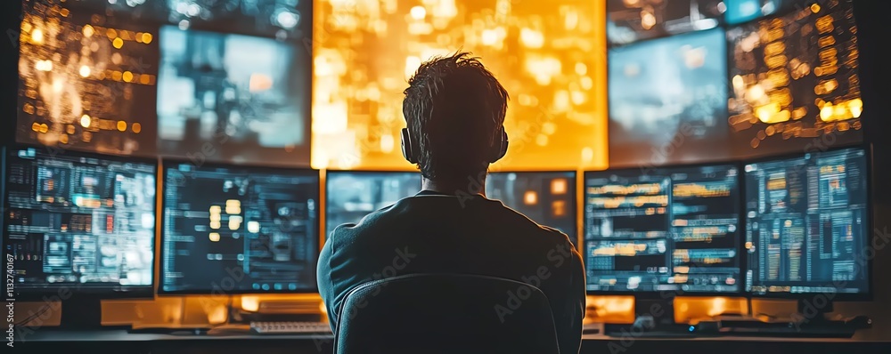 Poster Focused individual in a modern control room analyzing realtime data on multiple screens, emphasizing advanced technology, cybersecurity, and digital protection