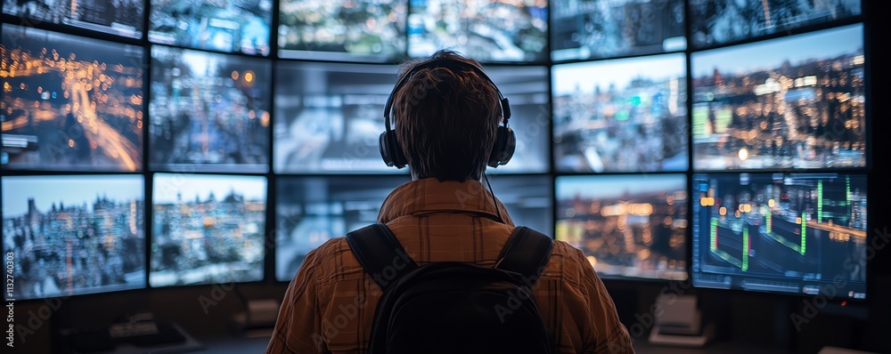 Poster focused individual in a modern control room analyzing realtime data on multiple screens, emphasizing