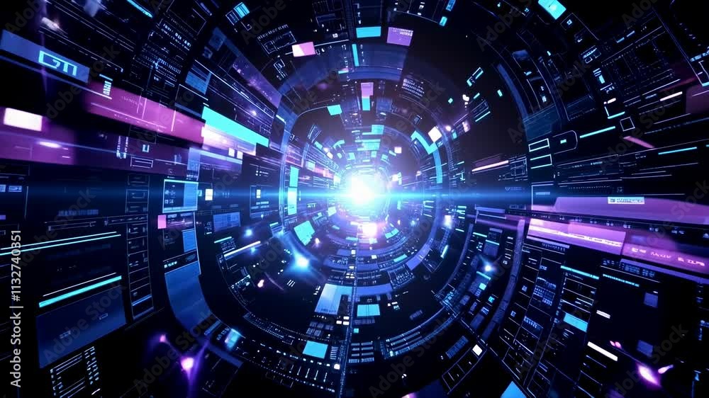 Poster experience a digital journey through a vibrant tunnel of neon lights and abstract shapes