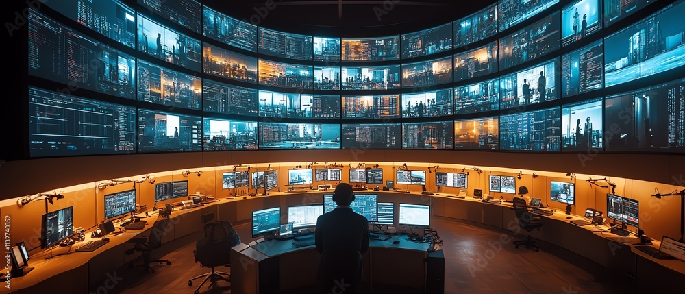 Leinwandbilder Focused individual working in a modern control room, analyzing data on multiple screens, emphasizing technology, cybersecurity, and digital threat management