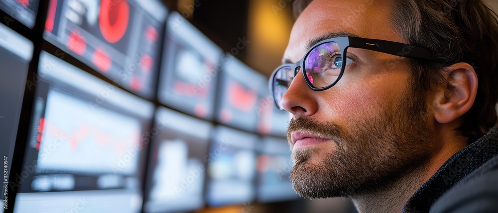 Poster Focused professional studying data across multiple screens in a modern control room, showcasing the intersection of technology, cybersecurity, and data analysis