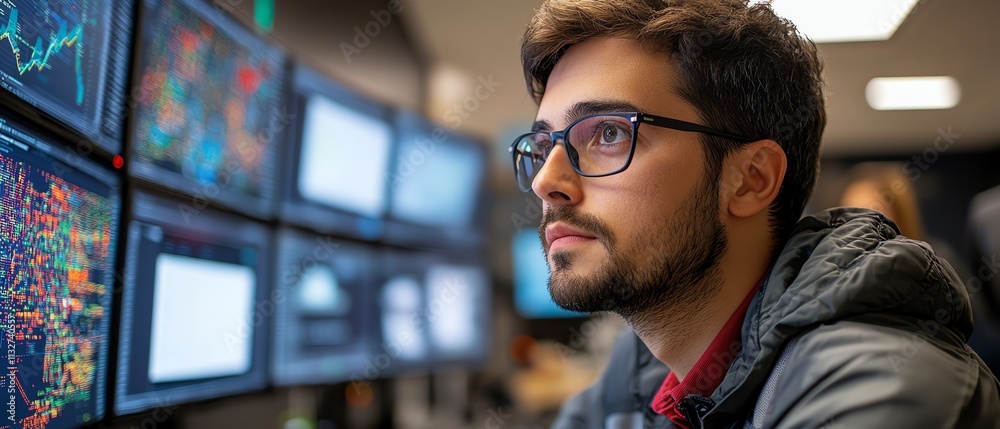 Poster Focused professional studying data across multiple screens in a modern control room, showcasing the intersection of technology, cybersecurity, and data analysis