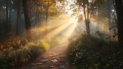 Naklejka premium Sunlight piercing through foggy forest path nature scene serene environment captivating viewpoint tranquil concept