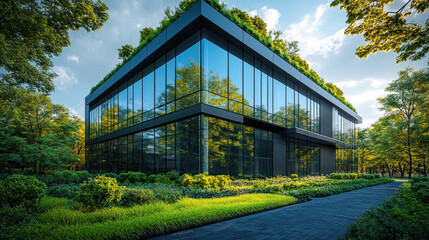 Obraz premium A high-rise office building with a rooftop garden and glass windows reflecting the sky