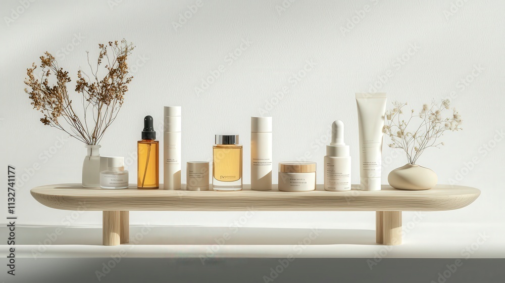 Poster minimalist skincare display rack for product showcase in tranquil studio environment close-up view a