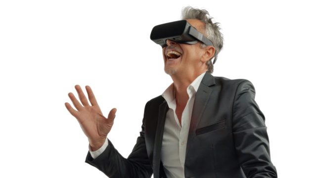 American caucasian middle age businessman watching vr glasses laughing and gesturing with hand on white background

