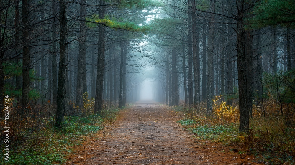 Poster serene viewpoint a mysterious pathway in a tranquil autumn forest nature photography journey