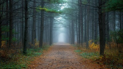 Obraz premium Serene viewpoint a mysterious pathway in a tranquil autumn forest nature photography journey