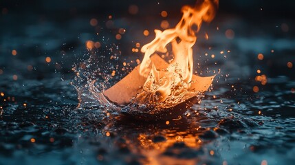 A paper boat splashes in water while flames engulf it, creating a striking contrast between fire and water in a captivating visual scene.