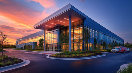 Obraz premium A hospital exterior with modern architecture and ambulances parked in the driveway