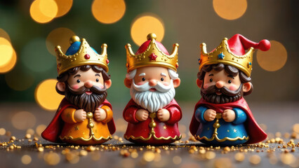Naklejka premium Three cheerful Wise Men figurines, each wearing a unique crown and robe, are arranged on a dark surface sprinkled with gold glitter against a warm bokeh background, celebrating Three Kings Day. 