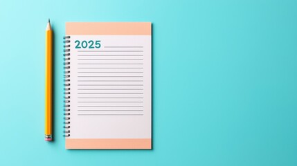 A vibrant notebook for 2025 with blank lines, accompanied by a yellow pencil, set against a teal background. - Powered by Adobe