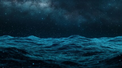 Fototapeta premium A serene ocean scene under a starry sky, showcasing dark waves illuminated by a soft blue glow, creating a tranquil and mysterious atmosphere.