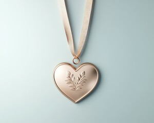 A delicate heart-shaped locket on a smooth ribbon, elegantly designed with floral details, resting against a soft blue background.