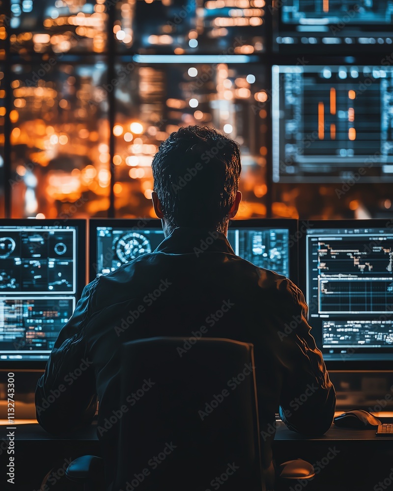 Fototapete individual analyzing intricate data on multiple screens in a modern control room, emphasizing the ro
