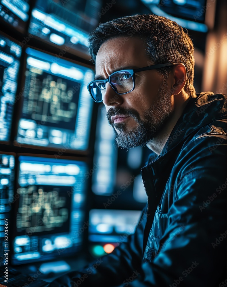 Fototapete Individual analyzing intricate data on multiple screens in a modern control room, emphasizing the role of technology, cybersecurity, and digital defense