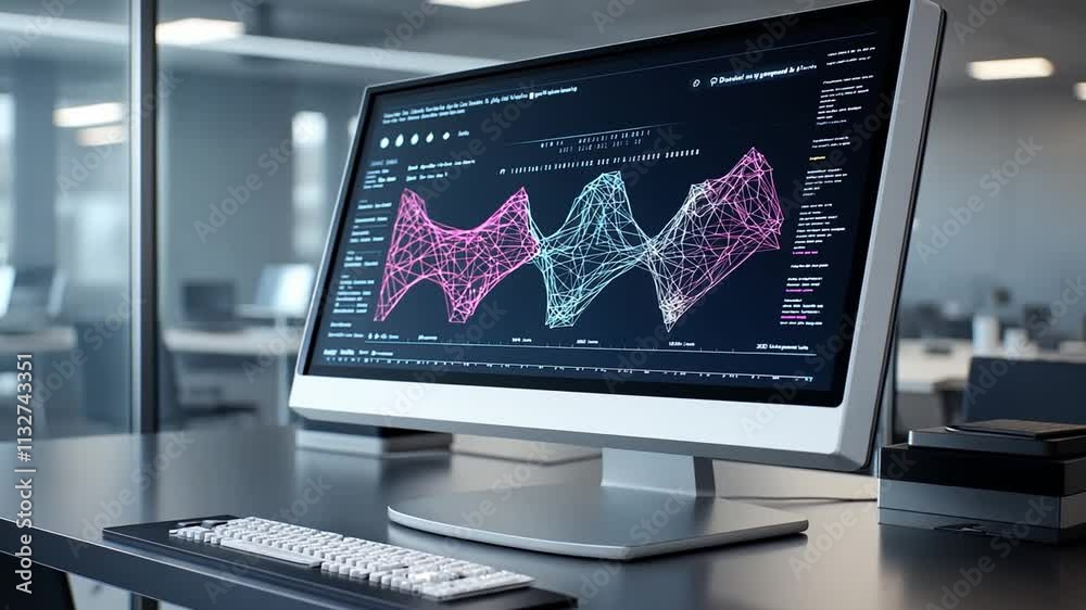 Poster innovative biocomputer interface displaying complex data analysis in modern office environment