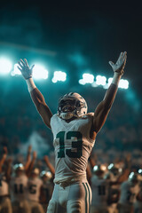 An American Football player celebrating victory under stadium lights