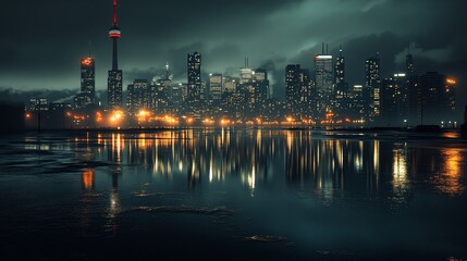 Fototapeta premium Night City Skyline Reflected in Dark Water