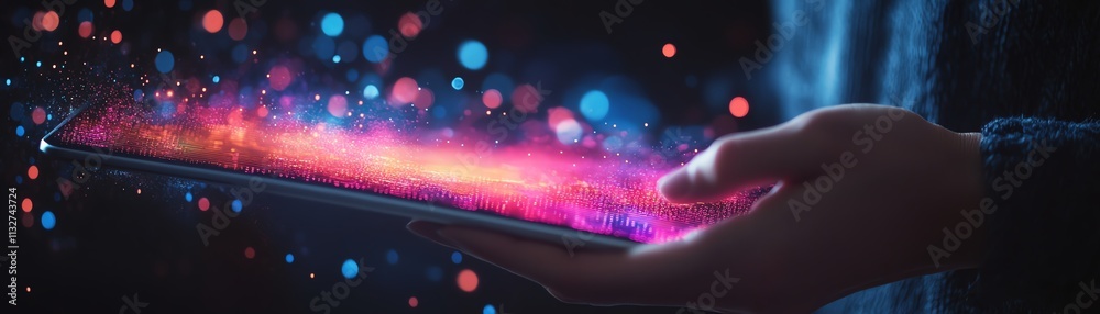 Aufkleber individual holding a tablet with dynamic data visualization, symbolizing modern technology, digital 