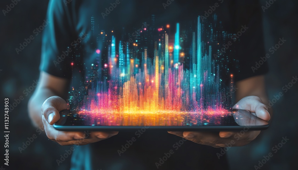 Aufkleber individual holding a tablet with colorful data visualizations, symbolizing modern technology, digita
