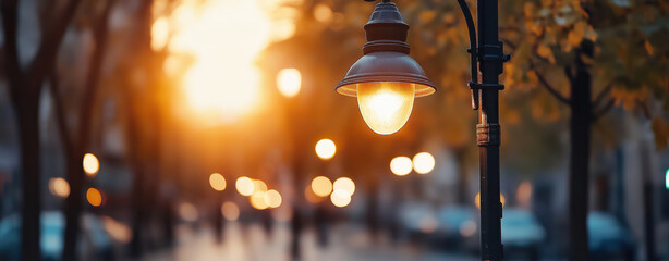 Street Lights Glowing at Sunset. Generative AI