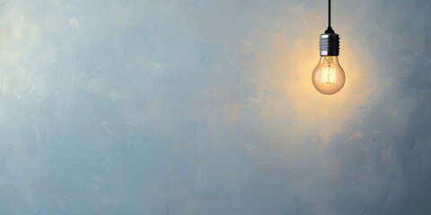 A solitary light bulb hangs against a muted blue-gray wall, creating a calm and minimalist atmosphere.