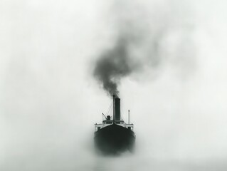 Fototapeta premium A silhouette of a steamship emerges through dense fog, with smoke billowing from its stack, creating a mysterious and atmospheric scene.