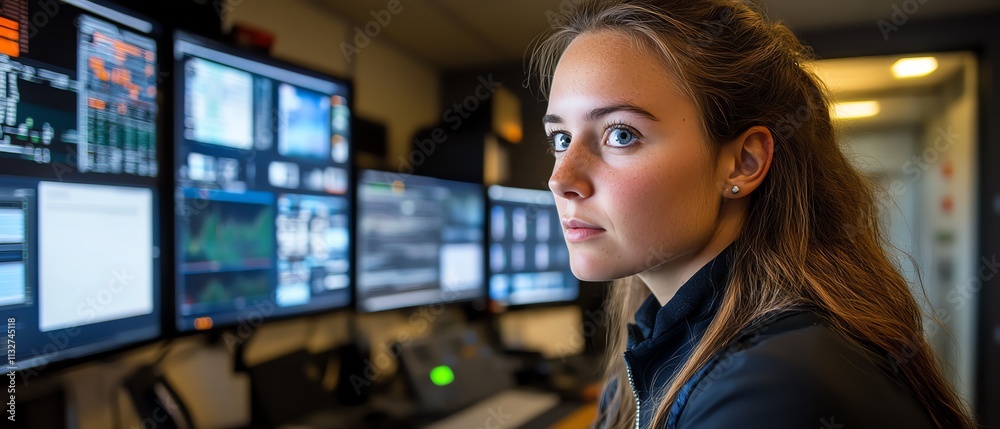 Poster Person engaged in analyzing complex data on multiple screens in a control room, emphasizing the use of technology and cybersecurity in modern data management