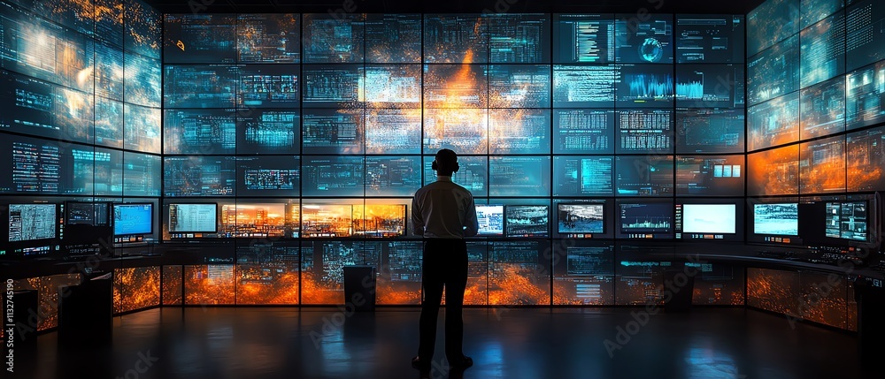 Poster Person engaged in analyzing complex data on multiple screens in a control room, emphasizing the use of technology and cybersecurity in modern data management