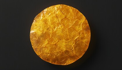 A close-up view of a round, golden, textured, abstract object against a black background.