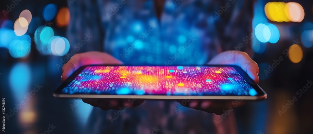 Poster Person holding a tablet displaying vibrant data visualization, representing digital innovation, modern technology, and realtime data analysis