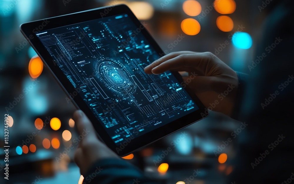 Aufkleber person holding a tablet with stunning data visualization, representing the impact of modern technolo