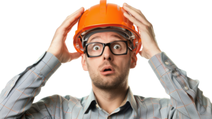 American caucasian middle age male engineer with safety helmet on white background
