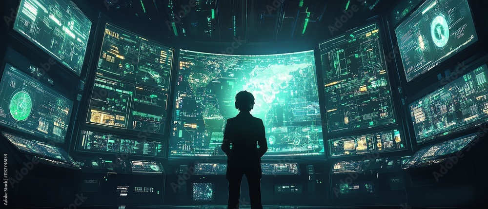 Fototapete person in a futuristic control room studying multiple screens with complex data, symbolizing technol